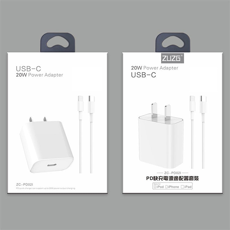 ZUZG USB-C PD 20W Fast Charging Power Adapter with 1m Type-C to iP Cable, Portable Wall Charger Block