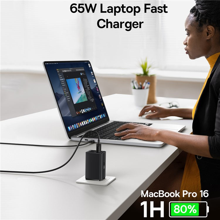 BASEUS GaN6 Pro 65W Fast Charging Adapter 2 Type-C + 2 USB Wall Charger (with Type-C to Type-C Cable), US Plug - Black