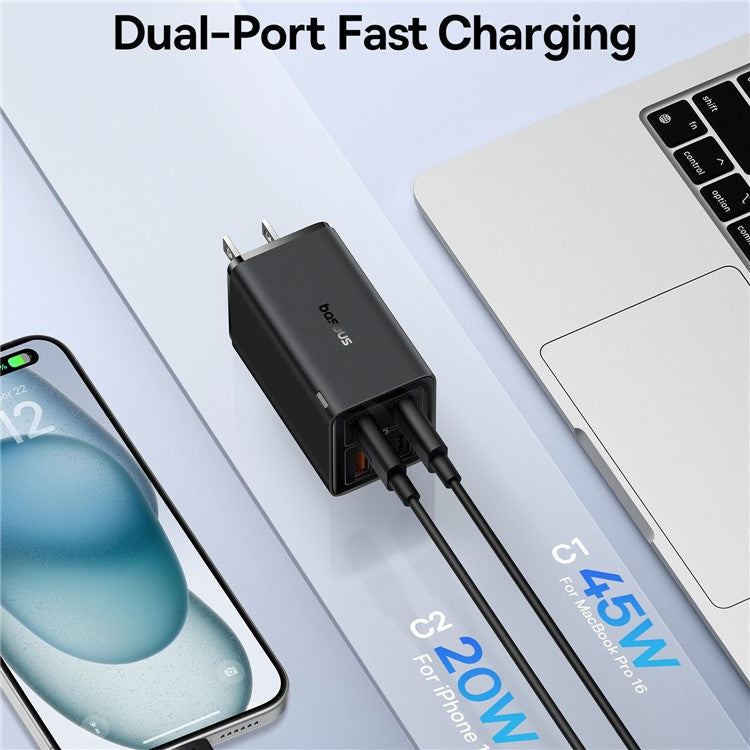BASEUS GaN6 Pro 65W Fast Charging Adapter 2 Type-C + 2 USB Wall Charger (with Type-C to Type-C Cable), US Plug - Black