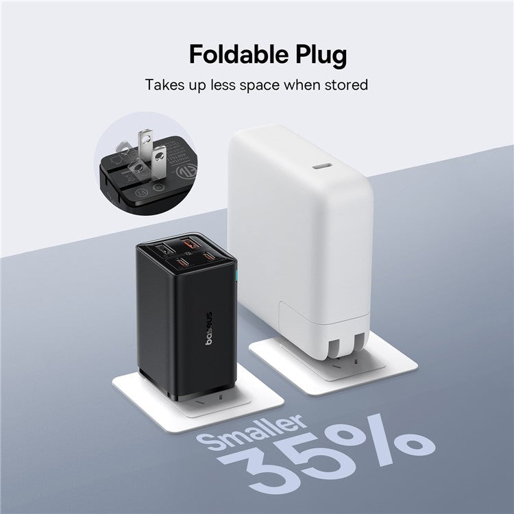 BASEUS GaN6 Pro 65W Fast Charging Adapter 2 Type-C + 2 USB Wall Charger (with Type-C to Type-C Cable), US Plug - Black