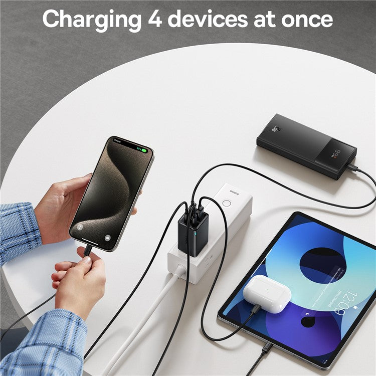 BASEUS GaN6 Pro 65W Fast Charging Adapter 2 Type-C + 2 USB Wall Charger (with Type-C to Type-C Cable), US Plug - Black