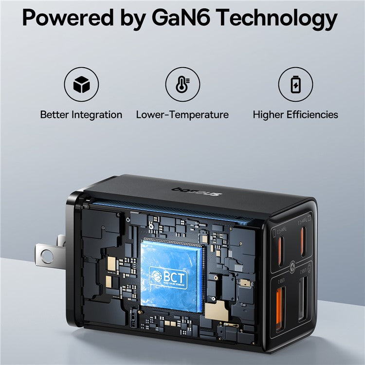 BASEUS GaN6 Pro 65W Fast Charging Adapter 2 Type-C + 2 USB Wall Charger (with Type-C to Type-C Cable), US Plug - Black