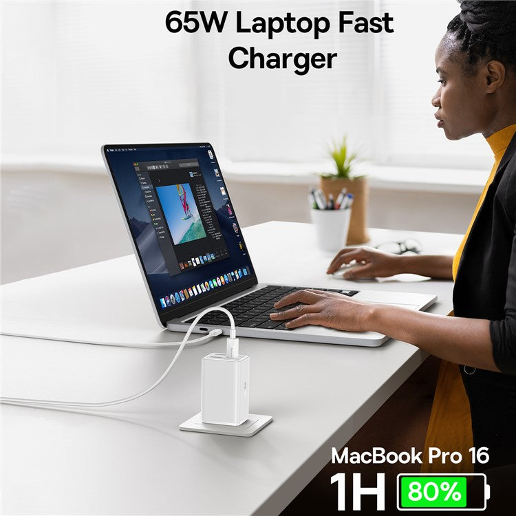 BASEUS GaN6 Pro 65W Fast Charging Adapter 2 Type-C + 2 USB Wall Charger (with Type-C to Type-C Cable), US Plug - White