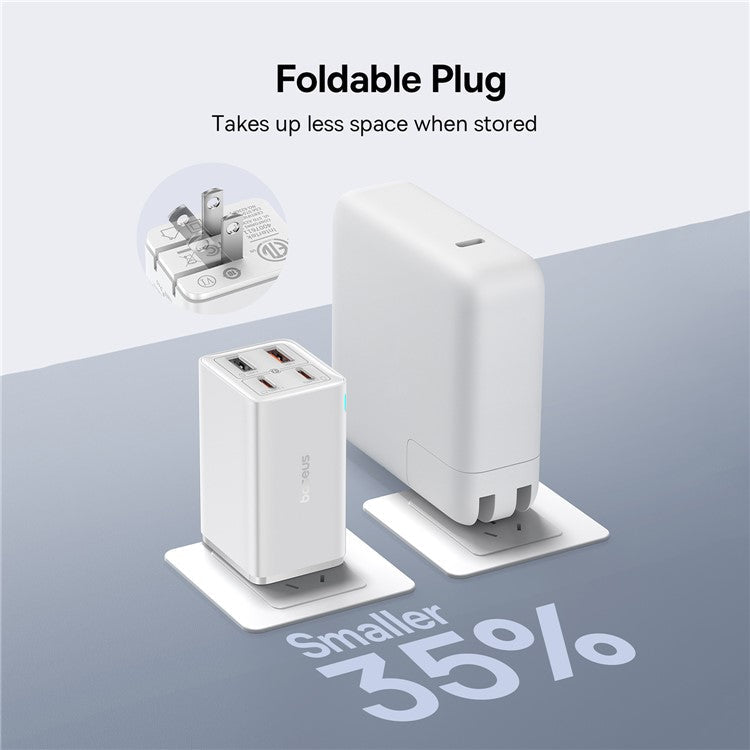 BASEUS GaN6 Pro 65W Fast Charging Adapter 2 Type-C + 2 USB Wall Charger (with Type-C to Type-C Cable), US Plug - White