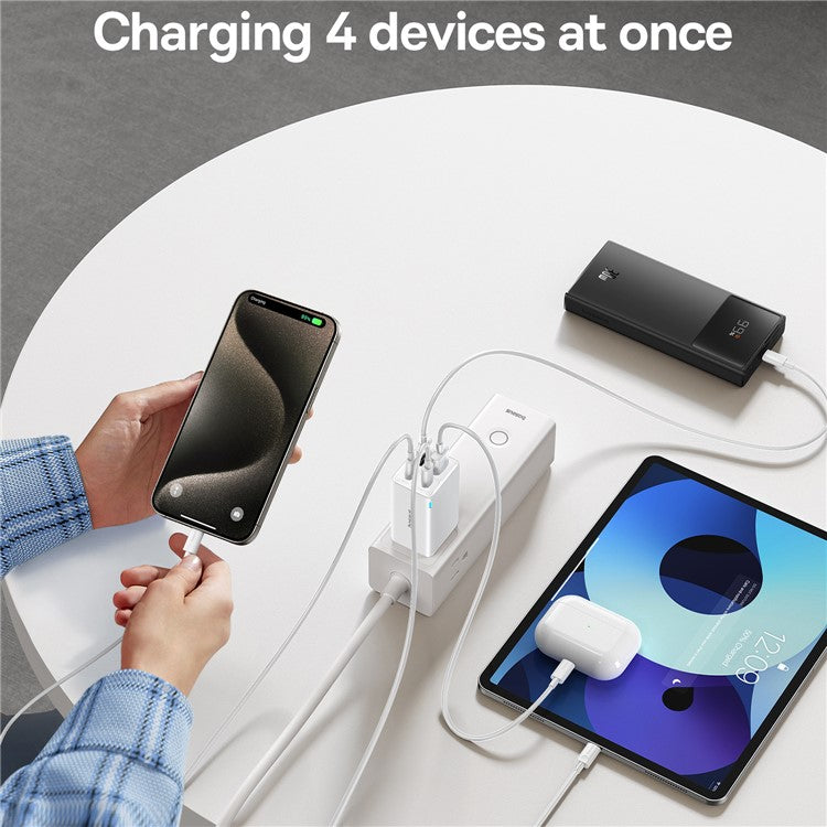 BASEUS GaN6 Pro 65W Fast Charging Adapter 2 Type-C + 2 USB Wall Charger (with Type-C to Type-C Cable), US Plug - White