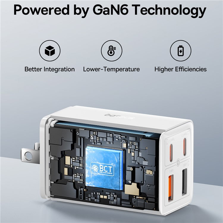 BASEUS GaN6 Pro 65W Fast Charging Adapter 2 Type-C + 2 USB Wall Charger (with Type-C to Type-C Cable), US Plug - White