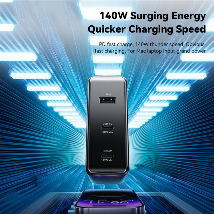 ESSAGER PST-140C2A-LB-GAN 140W GaN Charger Block 2 Type-C+USB-A Power Adapter Portable Wall Charger - Black / US Plug