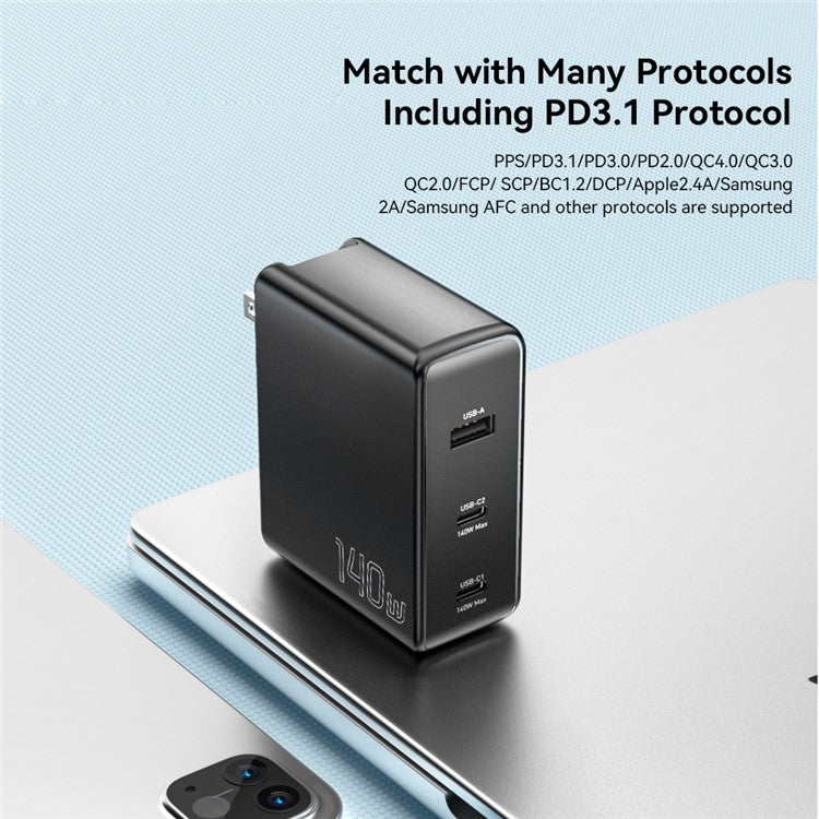 ESSAGER PST-140C2A-LB-GAN 140W GaN Charger Block 2 Type-C+USB-A Power Adapter Portable Wall Charger - Black / US Plug