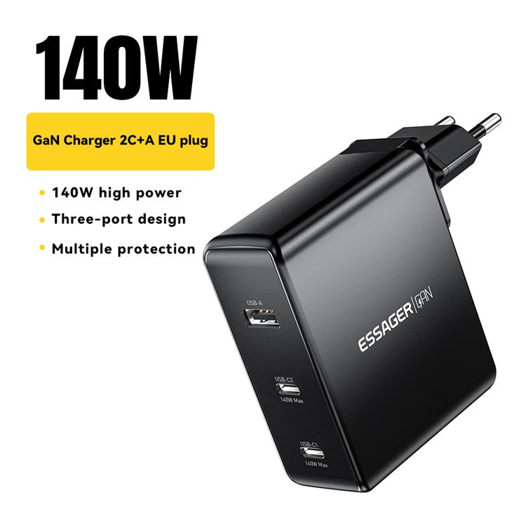 ESSAGER PST-140C2A-LB-GAN 140W GaN Charger Block 2 Type-C+USB-A Power Adapter Portable Wall Charger - Black / EU Plug