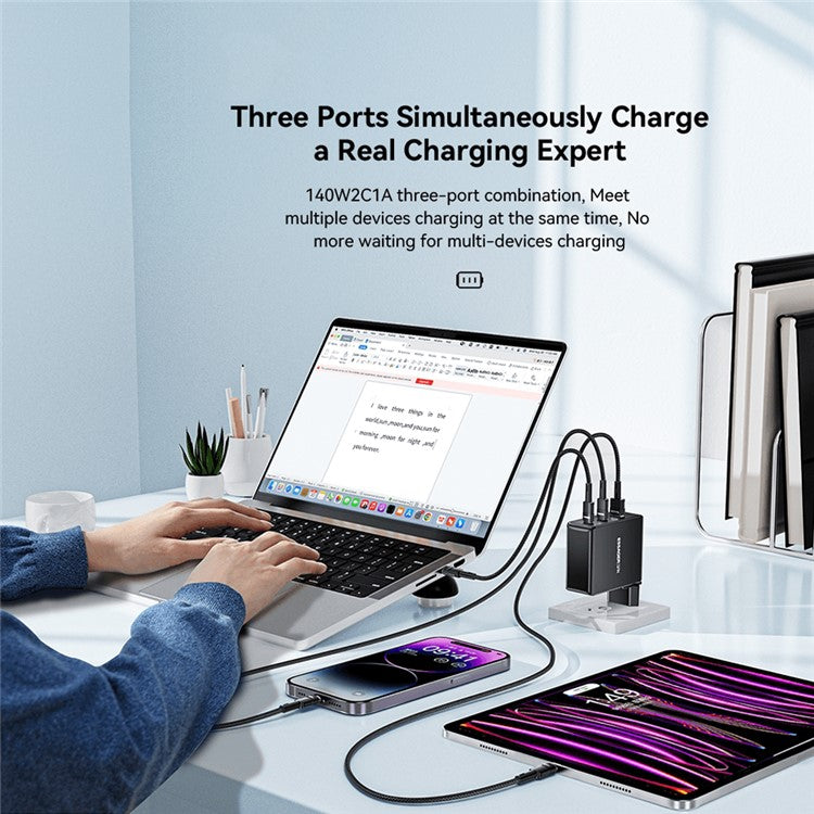 ESSAGER PST-140C2A-LB-GAN 140W GaN Charger Block 2 Type-C+USB-A Power Adapter Portable Wall Charger - Black / EU Plug
