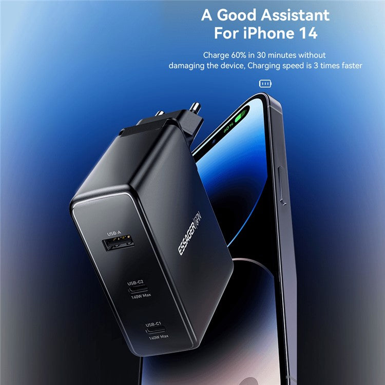 ESSAGER PST-140C2A-LB-GAN 140W GaN Charger Block 2 Type-C+USB-A Power Adapter Portable Wall Charger - Black / EU Plug