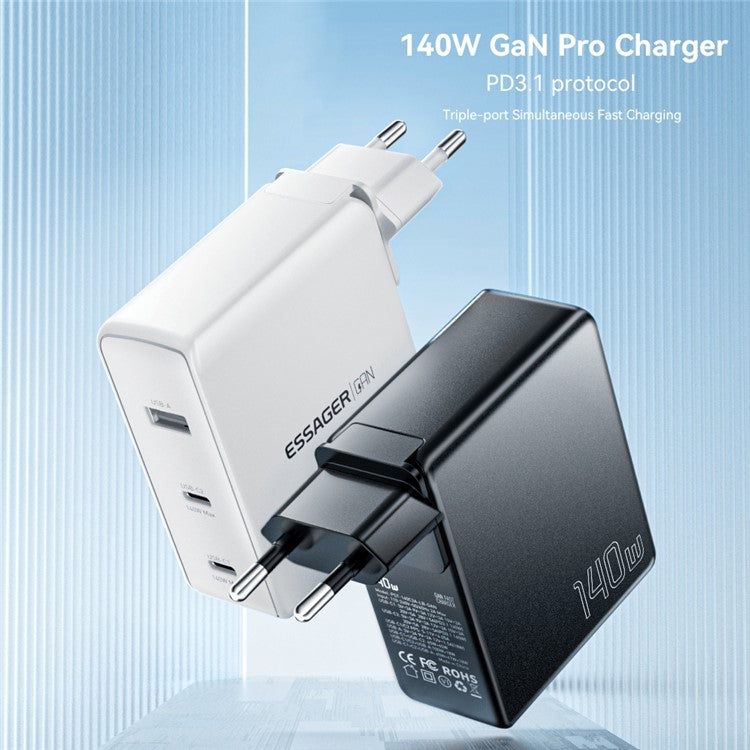 ESSAGER PST-140C2A-LB-GAN 140W GaN Charger Block 2 Type-C+USB-A Power Adapter Portable Wall Charger - Black / EU Plug