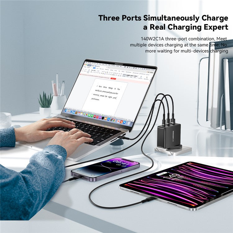 ESSAGER PST-140C2A-LB-GAN 140W GaN Charger Block 2 Type-C+USB-A Power Adapter Portable Wall Charger - Black / UK Plug