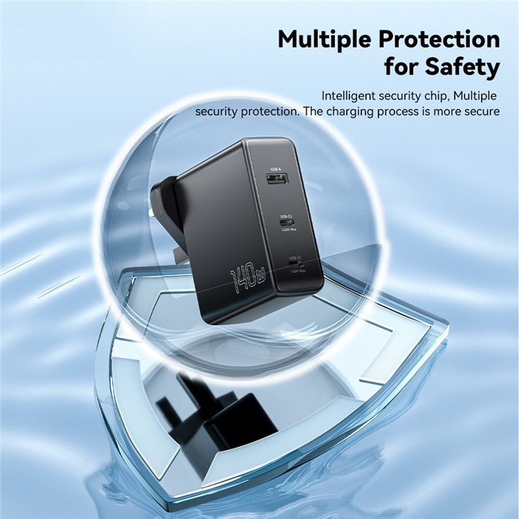 ESSAGER PST-140C2A-LB-GAN 140W GaN Charger Block 2 Type-C+USB-A Power Adapter Portable Wall Charger - Black / UK Plug