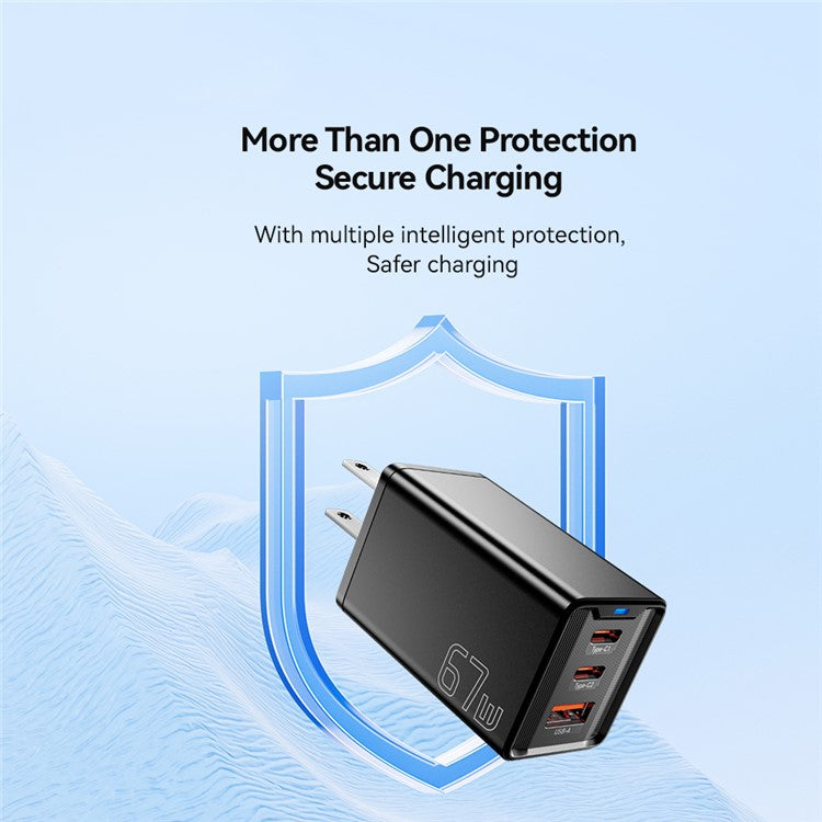 ESSAGER JT-G67TC2U1 67W GaN Travel Charger Adapter 2 Type-C+USB-A Wall Charger Block - Black / US Plug