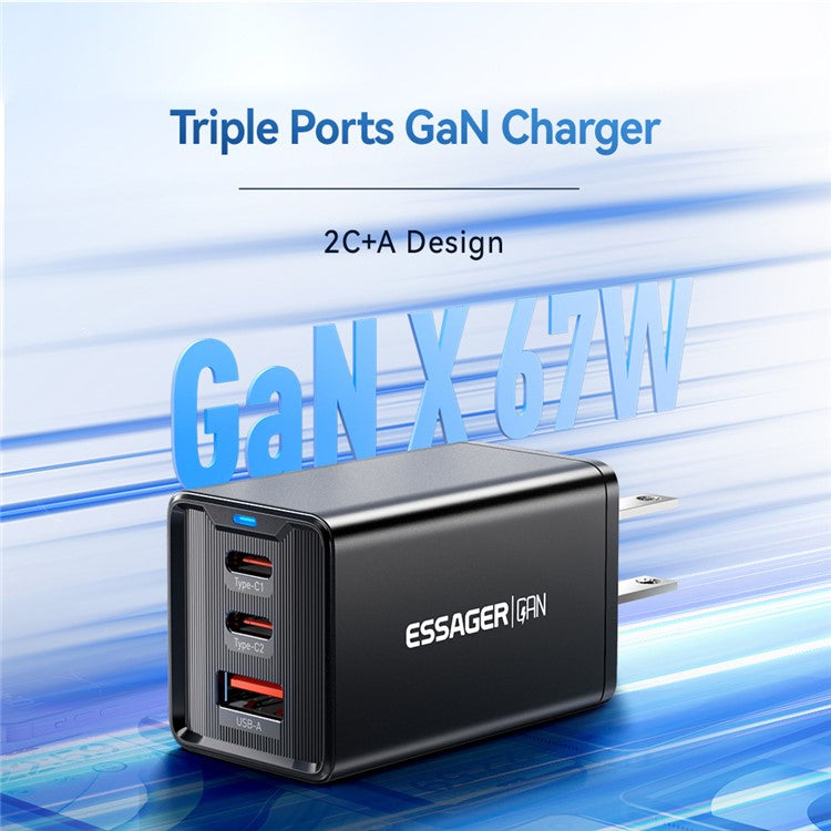 ESSAGER JT-G67TC2U1 67W GaN Travel Charger Adapter 2 Type-C+USB-A Wall Charger Block - White / US Plug