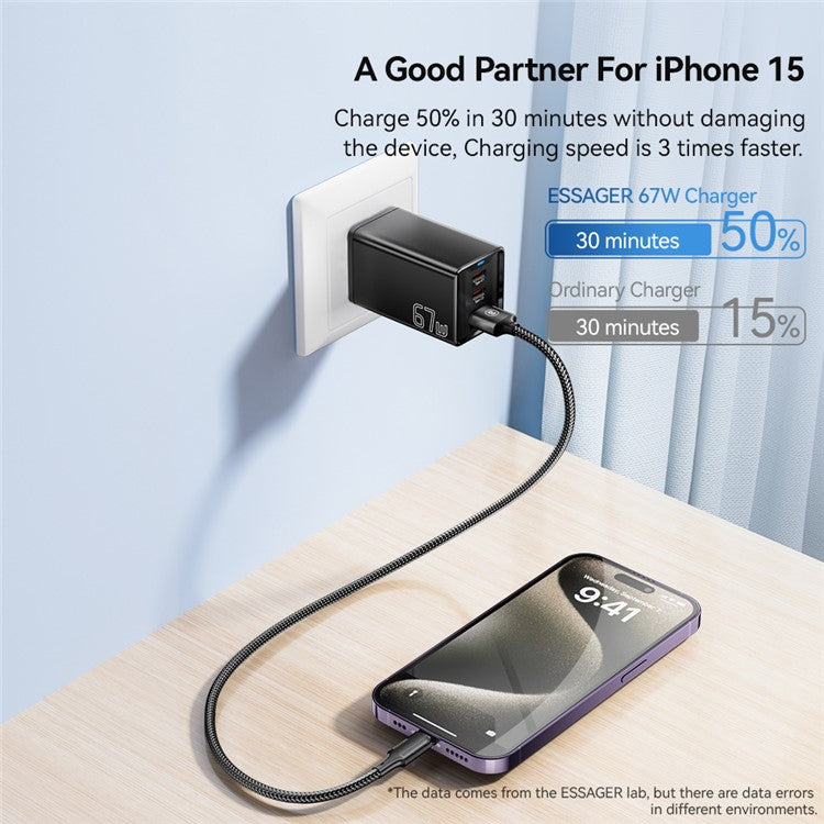 ESSAGER JT-G67TC2U1 67W GaN Travel Charger Adapter 2 Type-C+USB-A Wall Charger Block - White / US Plug