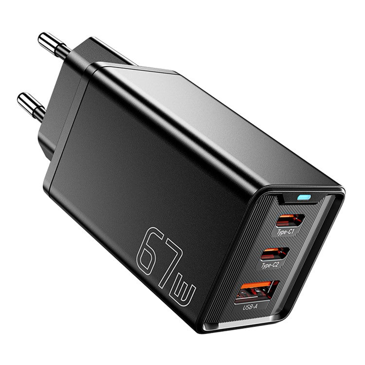 ESSAGER JT-G67TC2U1 67W GaN Travel Charger Adapter 2 Type-C+USB-A Wall Charger Block - Black//EU Plug