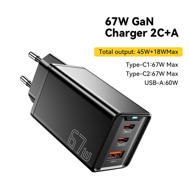 ESSAGER JT-G67TC2U1 67W GaN Travel Charger Adapter 2 Type-C+USB-A Wall Charger Block - Black//EU Plug