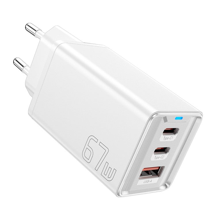 ESSAGER JT-G67TC2U1 67W GaN Travel Charger Adapter 2 Type-C+USB-A Wall Charger Block - White / EU Plug