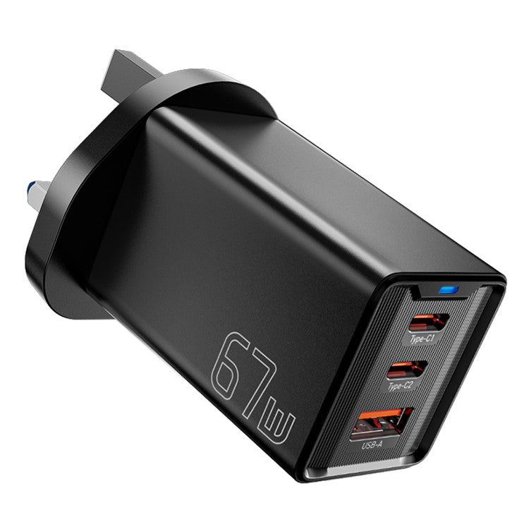 ESSAGER JT-G67TC2U1 67W GaN Travel Charger Adapter 2 Type-C+USB-A Wall Charger Block - Black / UK Plug