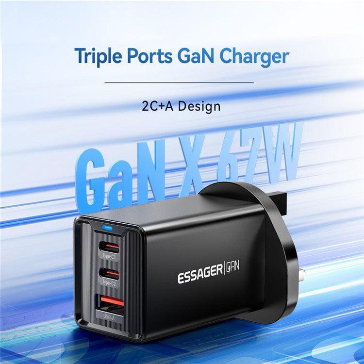 ESSAGER JT-G67TC2U1 67W GaN Travel Charger Adapter 2 Type-C+USB-A Wall Charger Block - Black / UK Plug