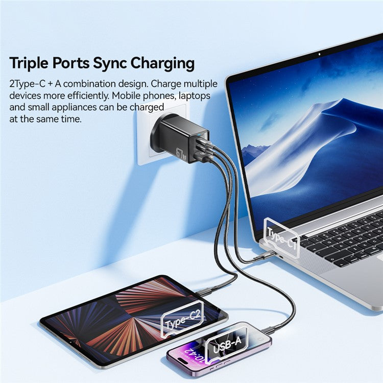 ESSAGER JT-G67TC2U1 67W GaN Travel Charger Adapter 2 Type-C+USB-A Wall Charger Block - Black / UK Plug