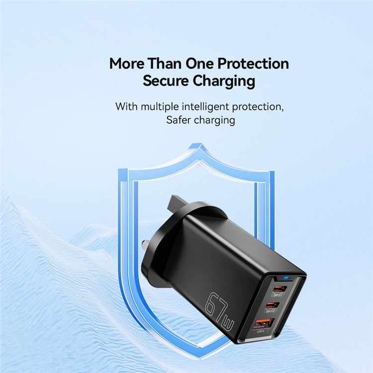 ESSAGER JT-G67TC2U1 67W GaN Travel Charger Adapter 2 Type-C+USB-A Wall Charger Block - Black / UK Plug