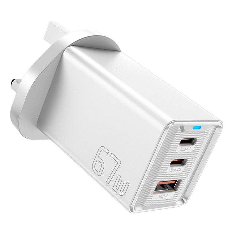 ESSAGER JT-G67TC2U1 67W GaN Travel Charger Adapter 2 Type-C+USB-A Wall Charger Block - White / UK Plug