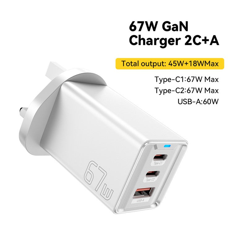 ESSAGER JT-G67TC2U1 67W GaN Travel Charger Adapter 2 Type-C+USB-A Wall Charger Block - White / UK Plug