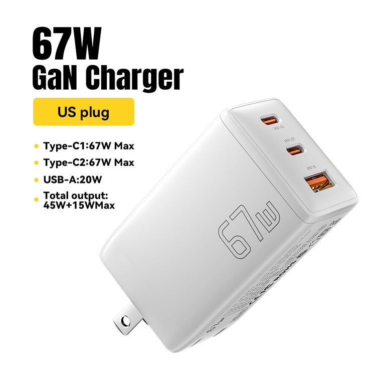 ESSAGER GaN X 67W USB-A + 2 Type-C Wall Charger for Cell Phone, Camera, Tablet, Laptop - White / US Plug