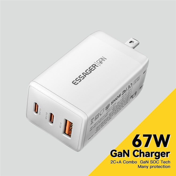 ESSAGER GaN X 67W USB-A + 2 Type-C Wall Charger for Cell Phone, Camera, Tablet, Laptop - White / US Plug