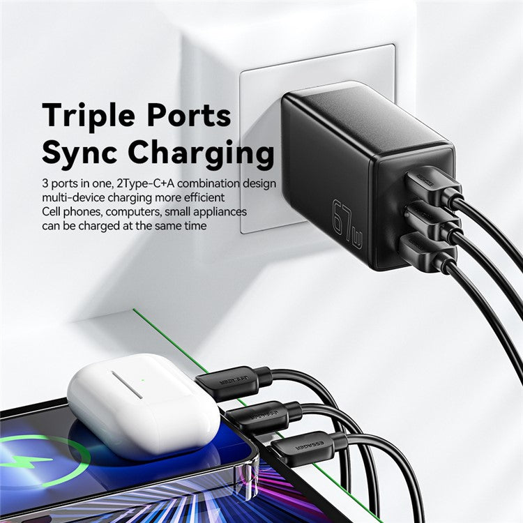 ESSAGER GaN X 67W USB-A + 2 Type-C Wall Charger for Cell Phone, Camera, Tablet, Laptop - White / US Plug