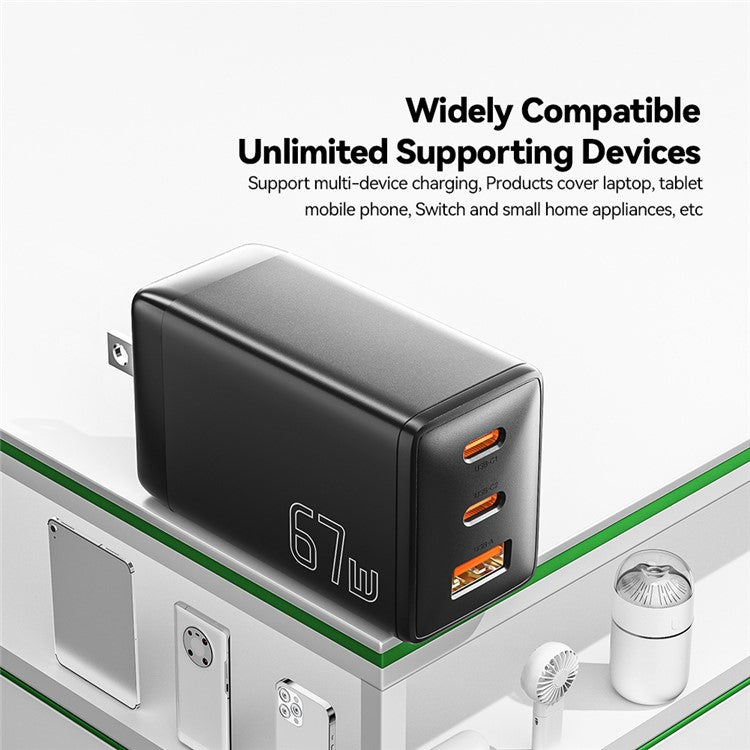 ESSAGER GaN X 67W USB-A + 2 Type-C Wall Charger for Cell Phone, Camera, Tablet, Laptop - White / US Plug