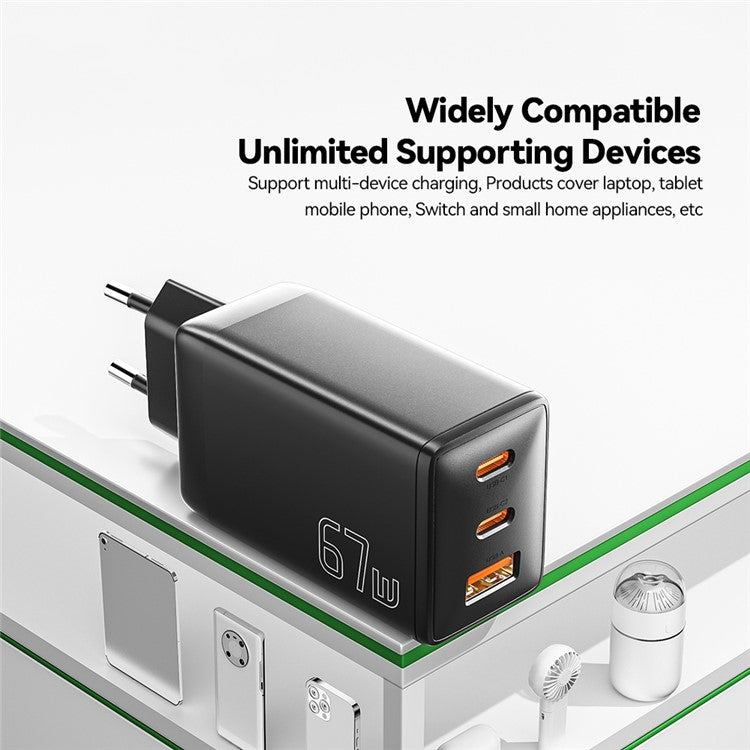 ESSAGER GaN X 67W USB-A + 2 Type-C Wall Charger for Cell Phone, Camera, Tablet, Laptop - Black / EU Plug