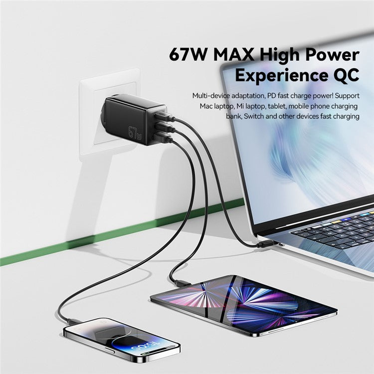 ESSAGER GaN X 67W USB-A + 2 Type-C Wall Charger for Cell Phone, Camera, Tablet, Laptop - Black / EU Plug