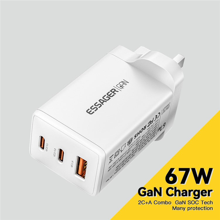 ESSAGER GaN X 67W USB-A + 2 Type-C Wall Charger for Cell Phone, Camera, Tablet, Laptop - White / UK Plug