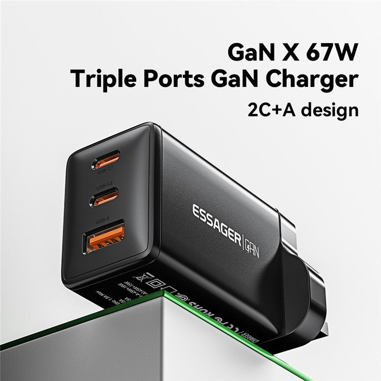 ESSAGER GaN X 67W USB-A + 2 Type-C Wall Charger for Cell Phone, Camera, Tablet, Laptop - White / UK Plug