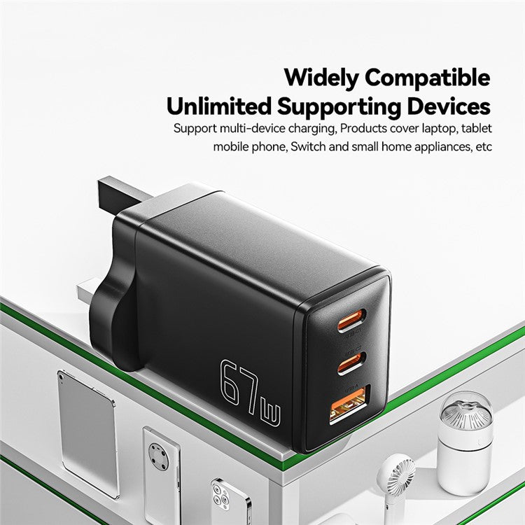 ESSAGER GaN X 67W USB-A + 2 Type-C Wall Charger for Cell Phone, Camera, Tablet, Laptop - White / UK Plug