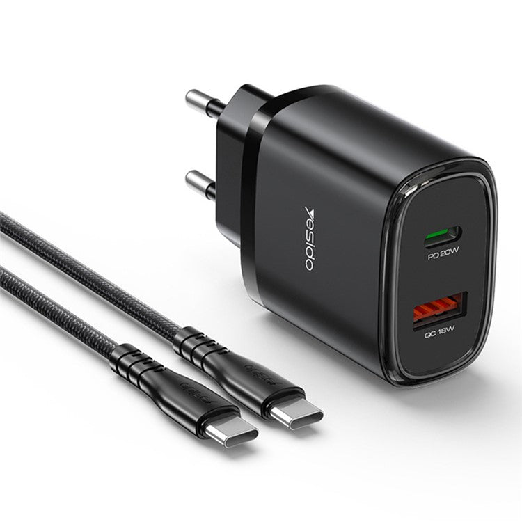 YESIDO YC50 20W Fast Wall Charger Type-C+USB Dual Port Charger Adapter Set with USB-C to USB-C Cable, EU Plug