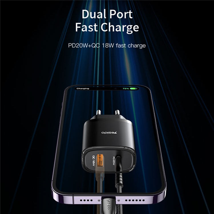 YESIDO YC50 20W Fast Wall Charger Type-C+USB Dual Port Charger Adapter Set with USB-C to USB-C Cable, EU Plug