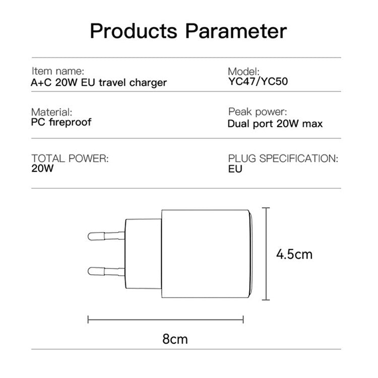 YESIDO YC50 20W Fast Wall Charger Type-C+USB Dual Port Charger Adapter Set with USB-C to USB-C Cable, EU Plug