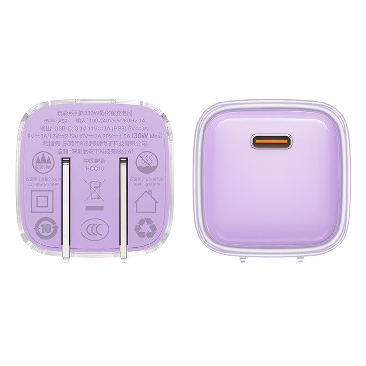 ACEFAST A5 Crystal Series PD 30W GaN Wall Charger Type-C Phone Fast Charge Adapter - Purple / CN Plug