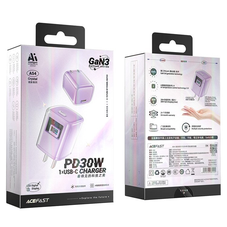 ACEFAST A5 Crystal Series PD 30W GaN Wall Charger Type-C Phone Fast Charge Adapter - Purple / CN Plug