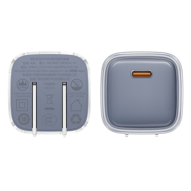 ACEFAST A5 Crystal Series PD 30W GaN Wall Charger Type-C Phone Fast Charge Adapter - Grey / CN Plug
