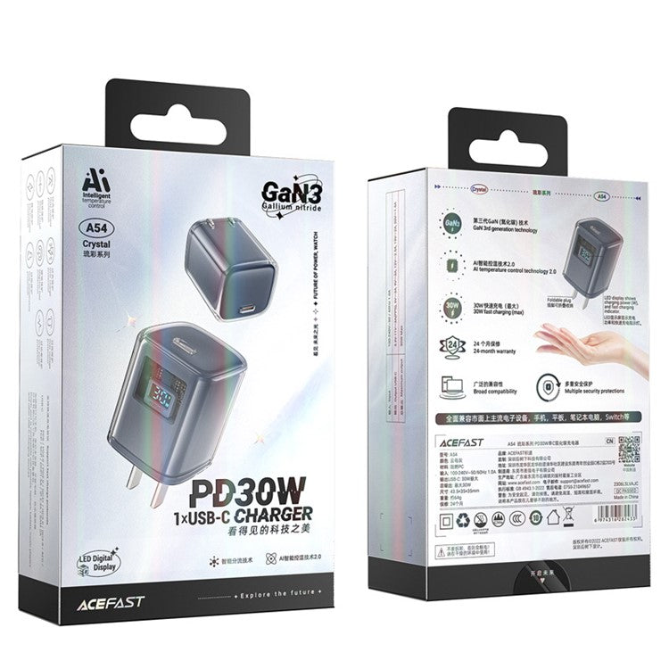 ACEFAST A5 Crystal Series PD 30W GaN Wall Charger Type-C Phone Fast Charge Adapter - Grey / CN Plug