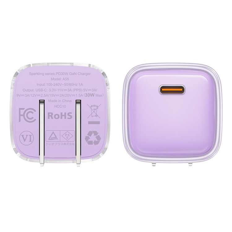 ACEFAST A5 Crystal Series PD 30W GaN Wall Charger Type-C Phone Fast Charge Adapter - Purple / US Plug
