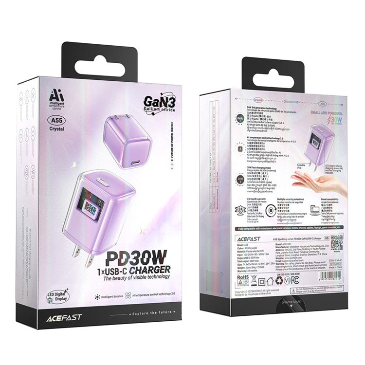 ACEFAST A5 Crystal Series PD 30W GaN Wall Charger Type-C Phone Fast Charge Adapter - Purple / US Plug