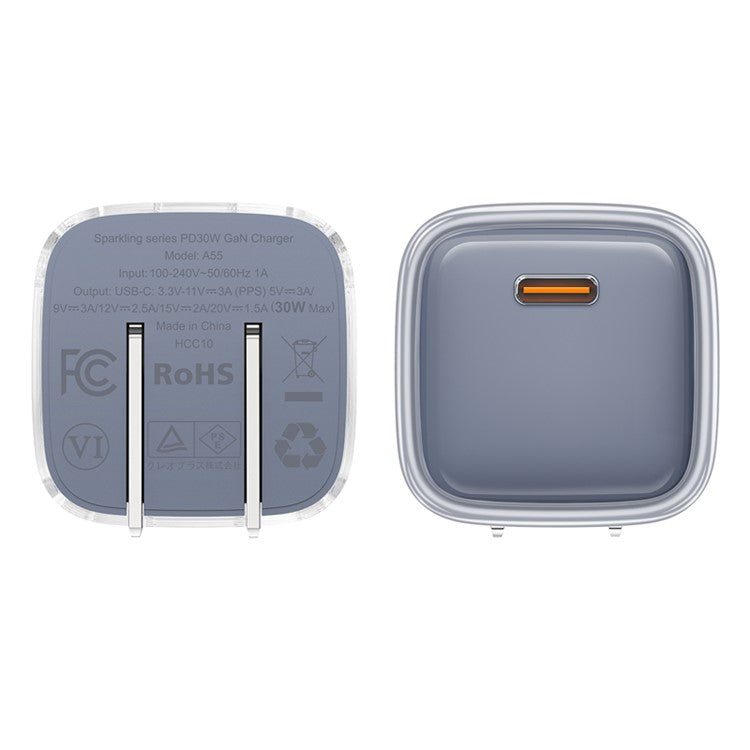 ACEFAST A5 Crystal Series PD 30W GaN Wall Charger Type-C Phone Fast Charge Adapter - Grey / US Plug