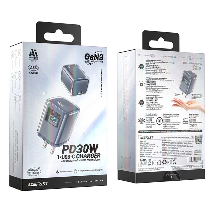 ACEFAST A5 Crystal Series PD 30W GaN Wall Charger Type-C Phone Fast Charge Adapter - Grey / US Plug